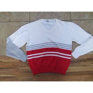 IZOD Club V-Neck Pullover Sweater White Red Striped Sz M 80s